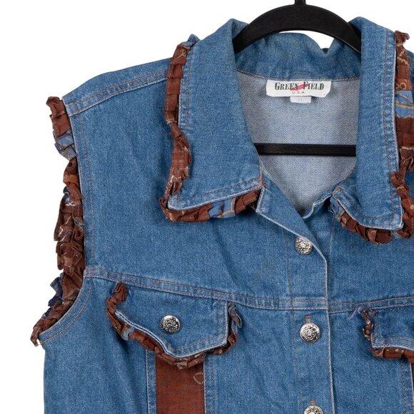 Green Field Denim Vest XL Womens Button Up Country Western Blue Jean Brown USA - Picture 2 of 5